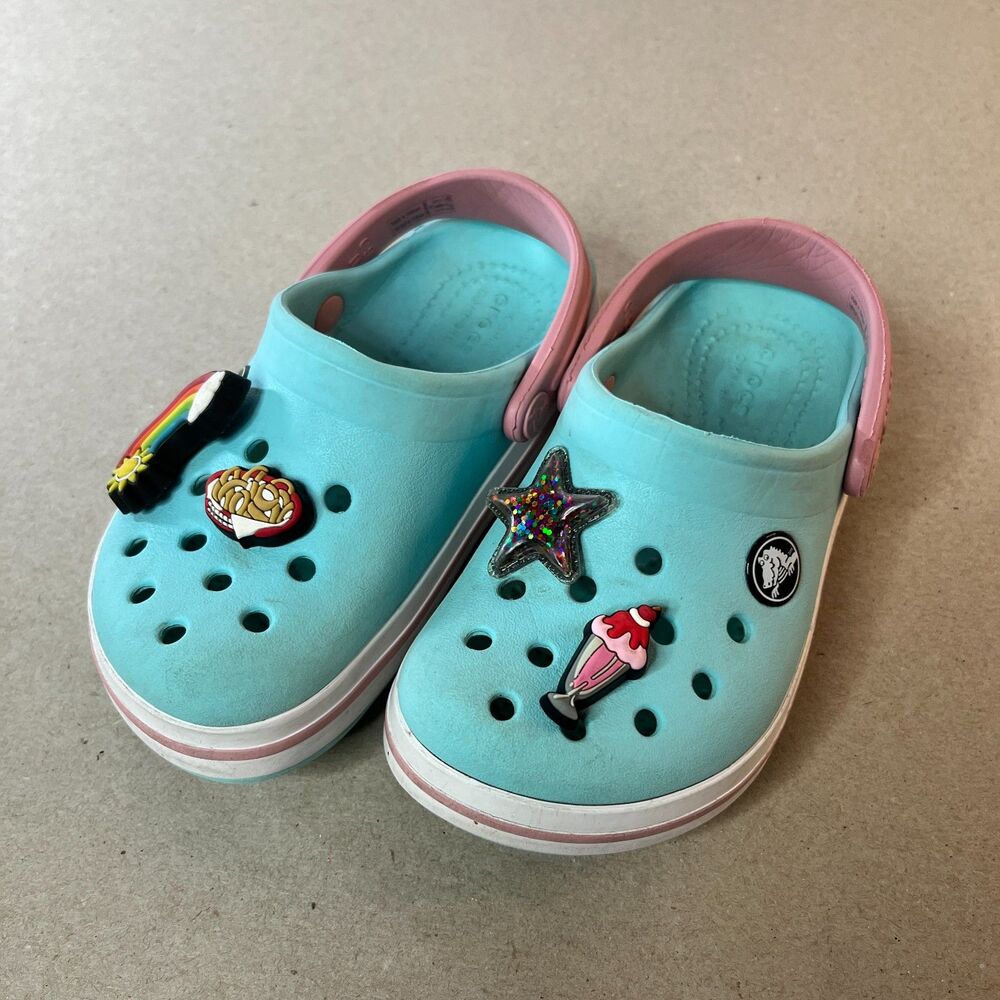 Crocs Shoes Kids Size 9 Blue Pink Clog Sandals with Jibbitz Charms Rainbow